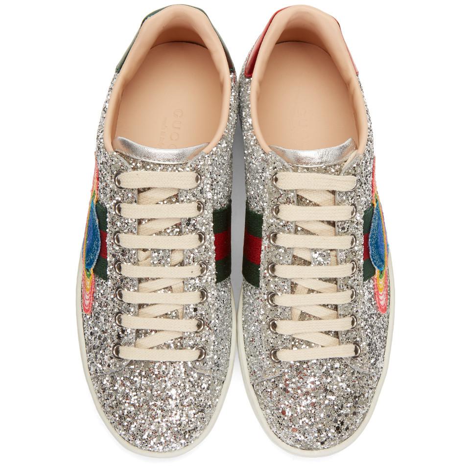 Lyst - Gucci Silver Glitter Planet New Ace Sneakers in Metallic