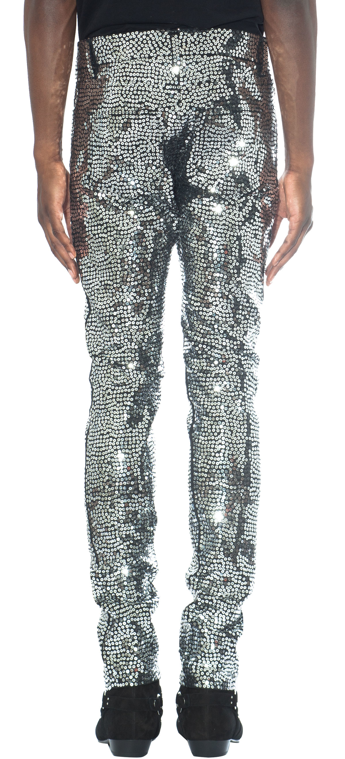 black and silver sequin pants