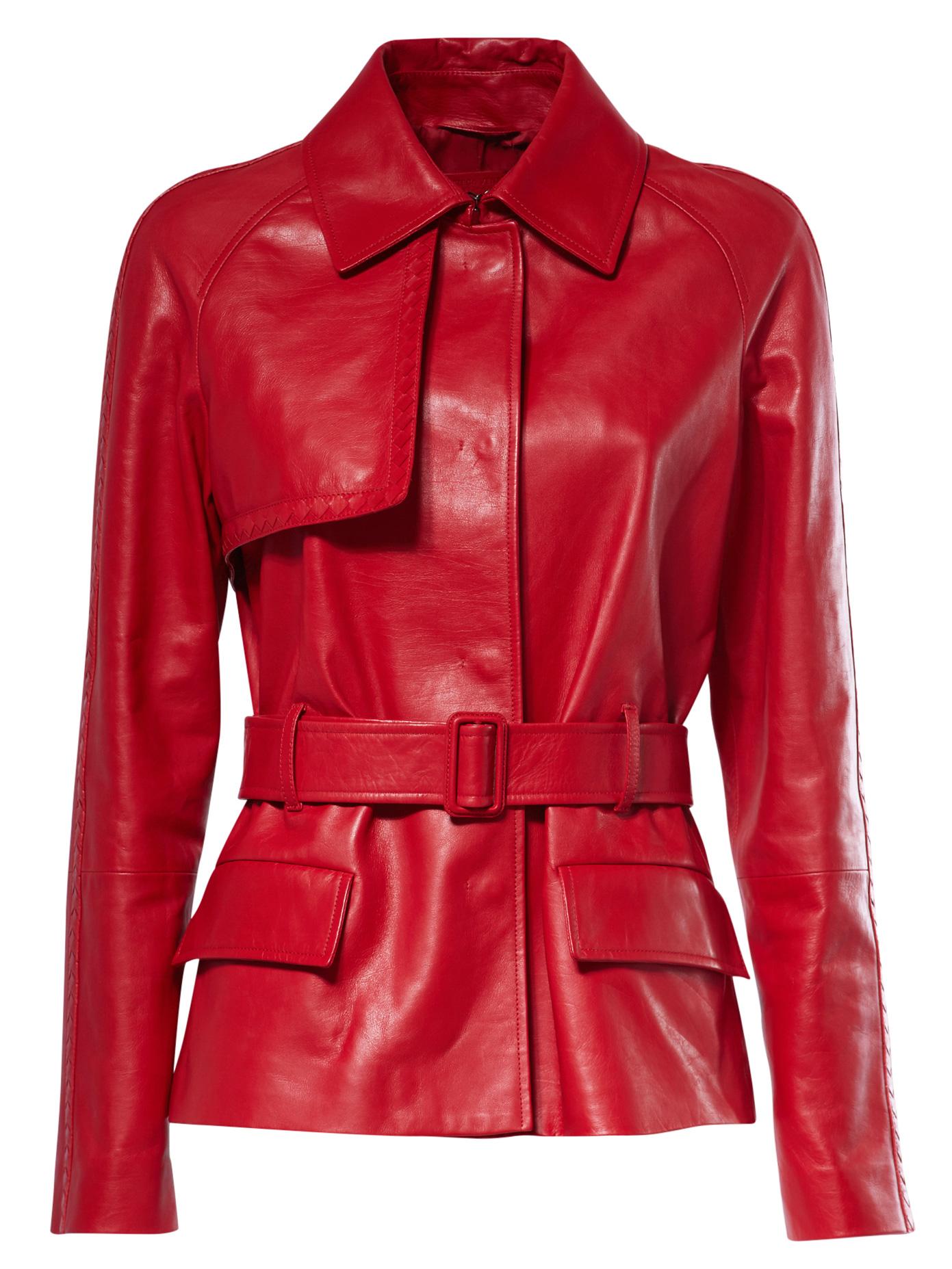 Bottega veneta Belted Leather Jacket in Red | Lyst