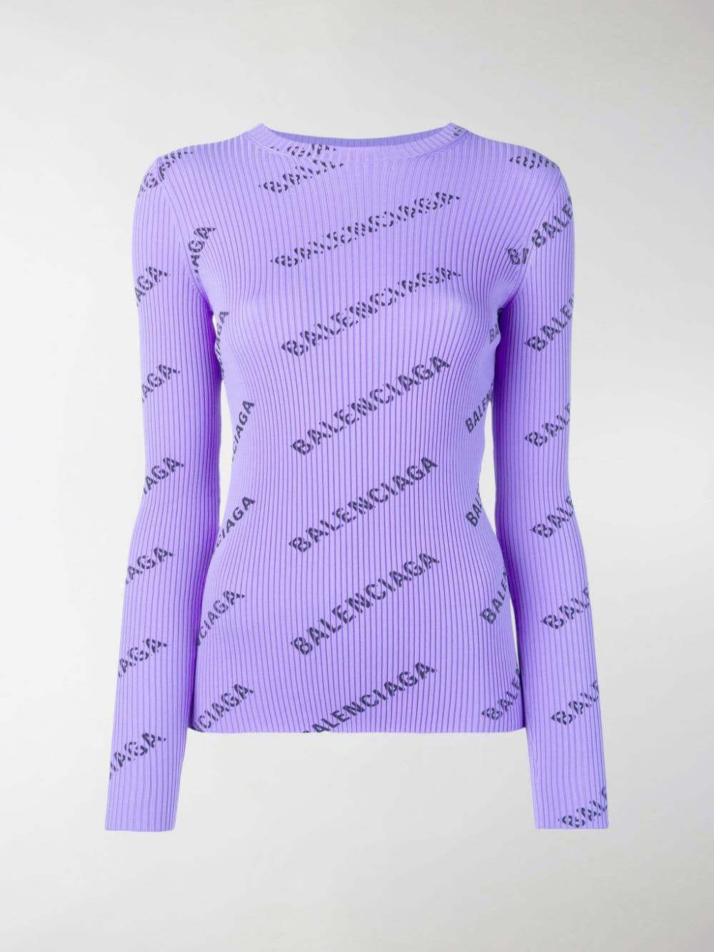 Balenciaga Allover Logo Ribbed-knit Sweater in Purple - Lyst