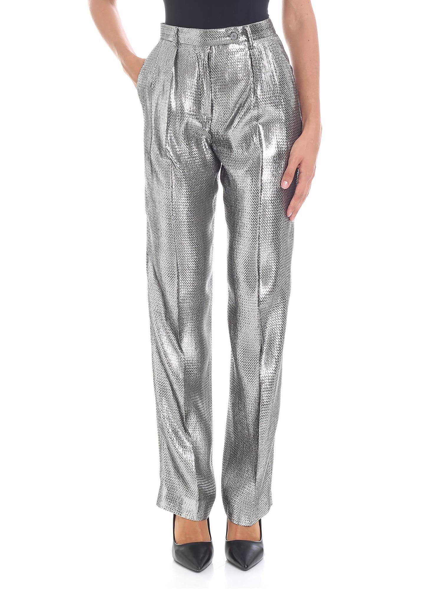 Alberta Ferretti Lamé Thread Silver Trousers in Metallic - Lyst