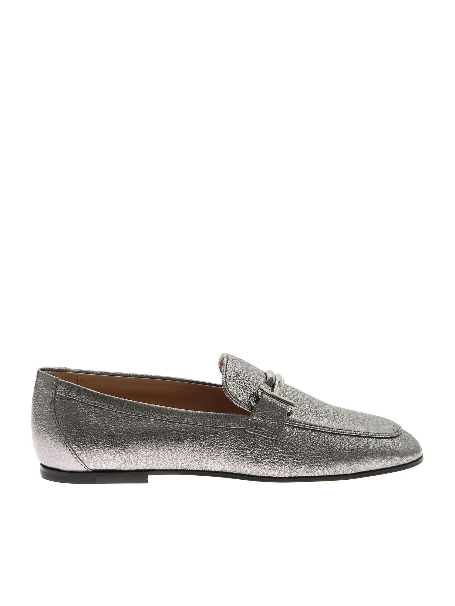 Tod's Silver Metallic Leather Loafers - Lyst