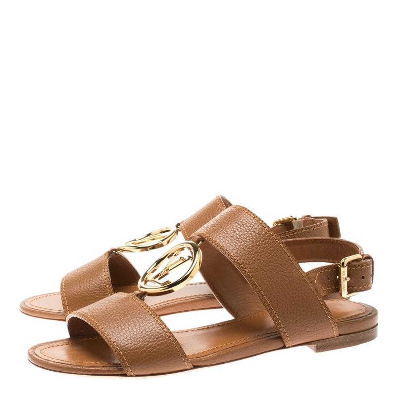 Louis Vuitton Brown Leather Logo Detail Back Strap Flat Sandals