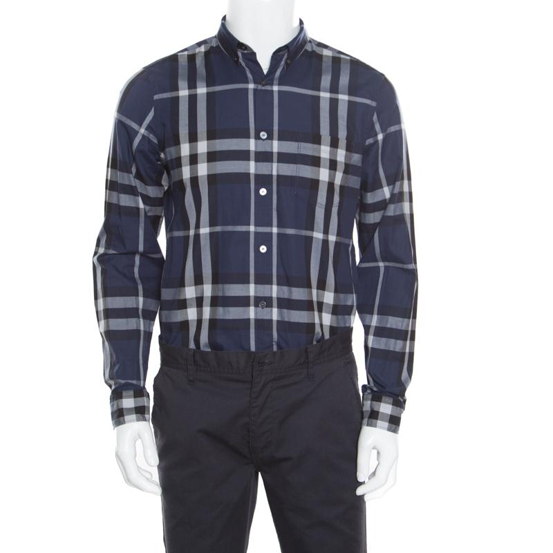 Burberry Brit Navy Blue Checked Long Sleeve Button Down Shirt M in Blue ...