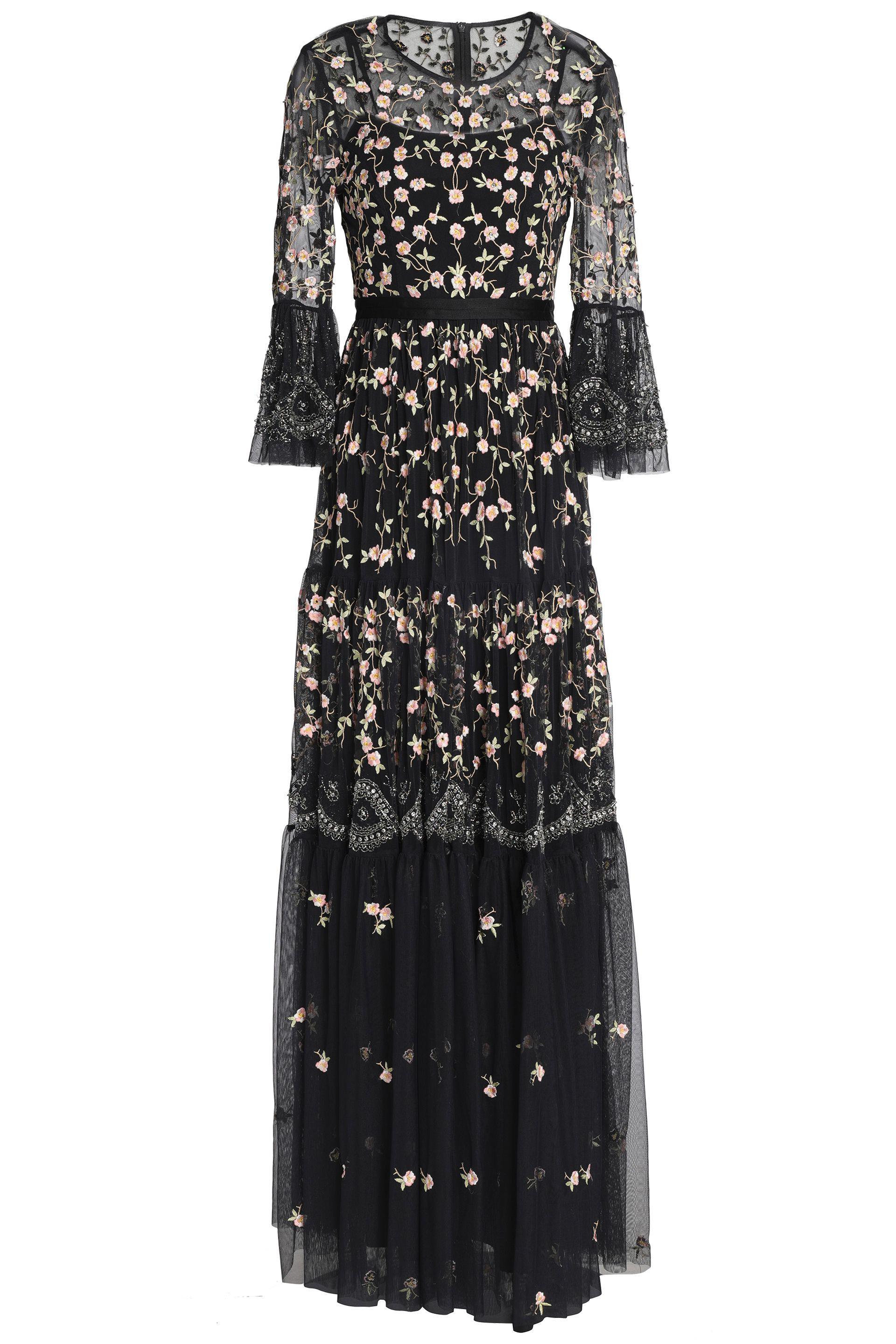 black embellished embroidered tulle gown