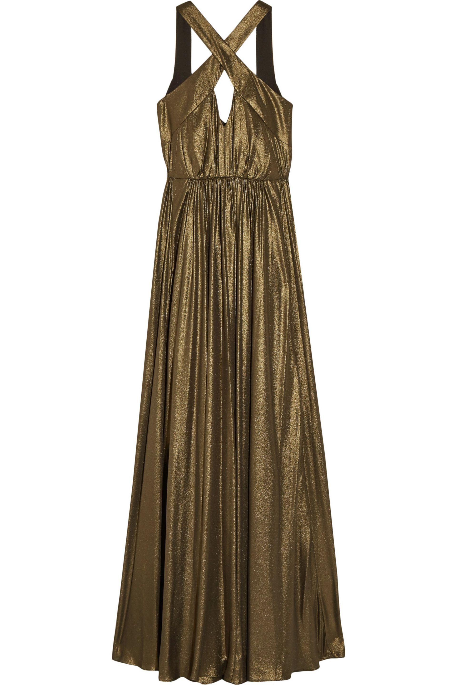 Halston Synthetic Woman Cutout Pleated Lamé Gown Bronze - Lyst