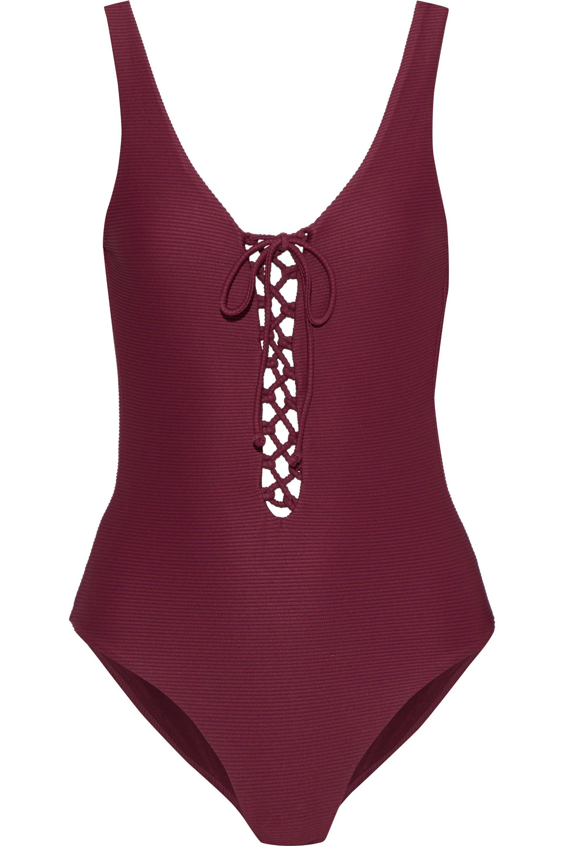 Onia Woman Bridget Lace-up Ribbed Swimsuit Burgundy in Purple - Lyst
