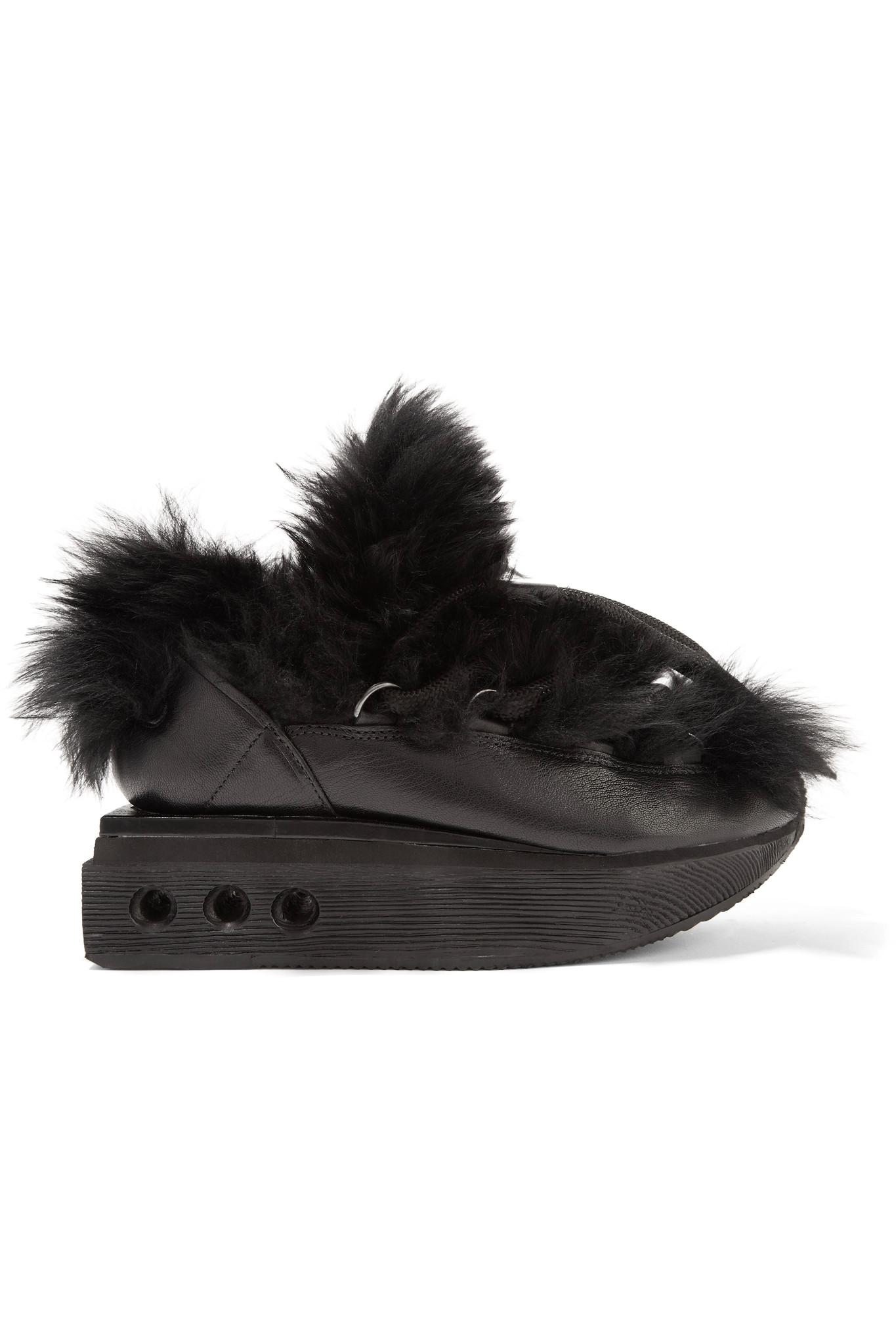 Y-3 + Adidas Originals Ruyk Hike Faux Fur And Leather Wedge Sneakers in Black - Lyst
