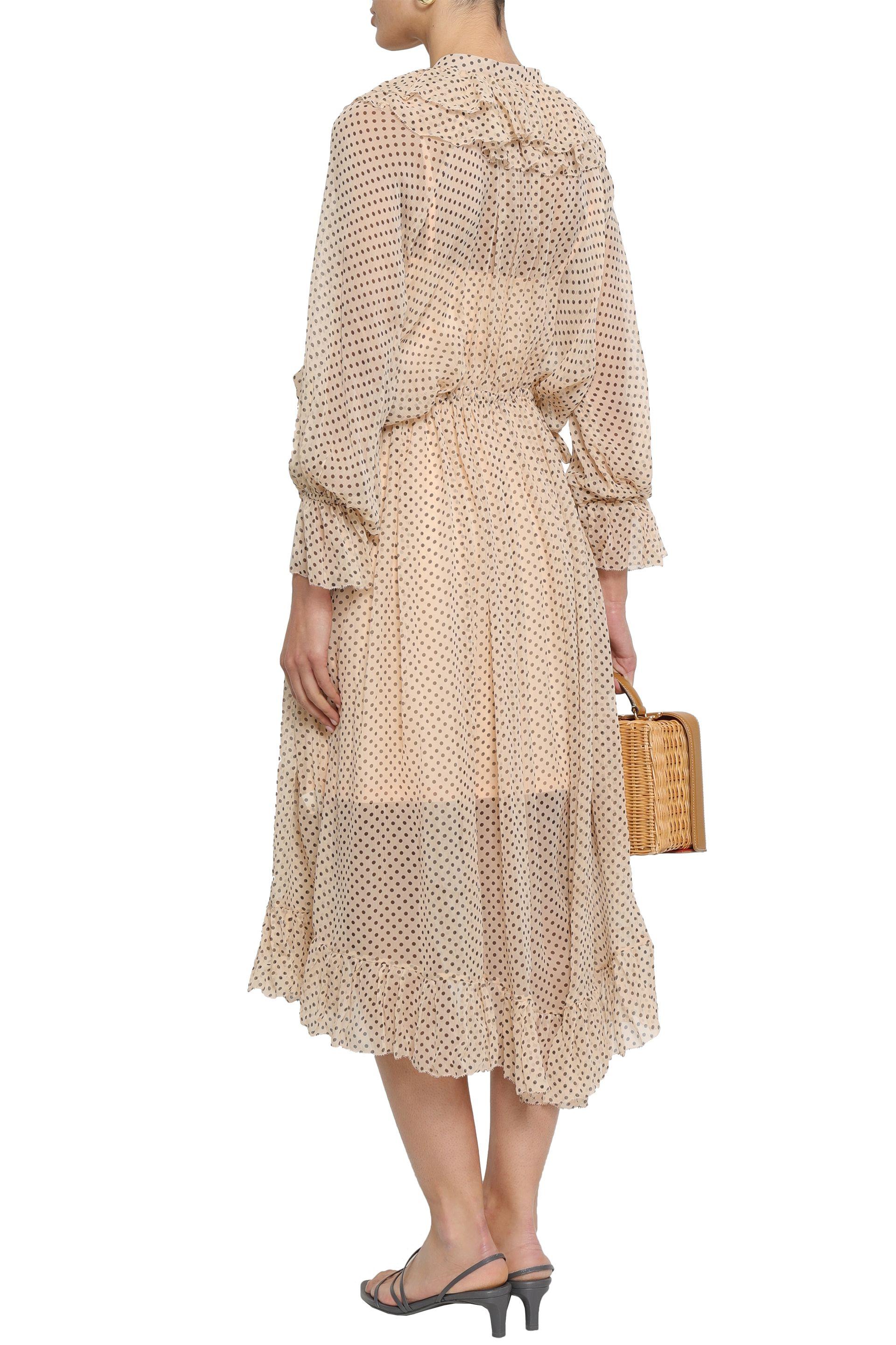 Zimmermann Ruffled Polkadot Midi Dress Peach in Natural