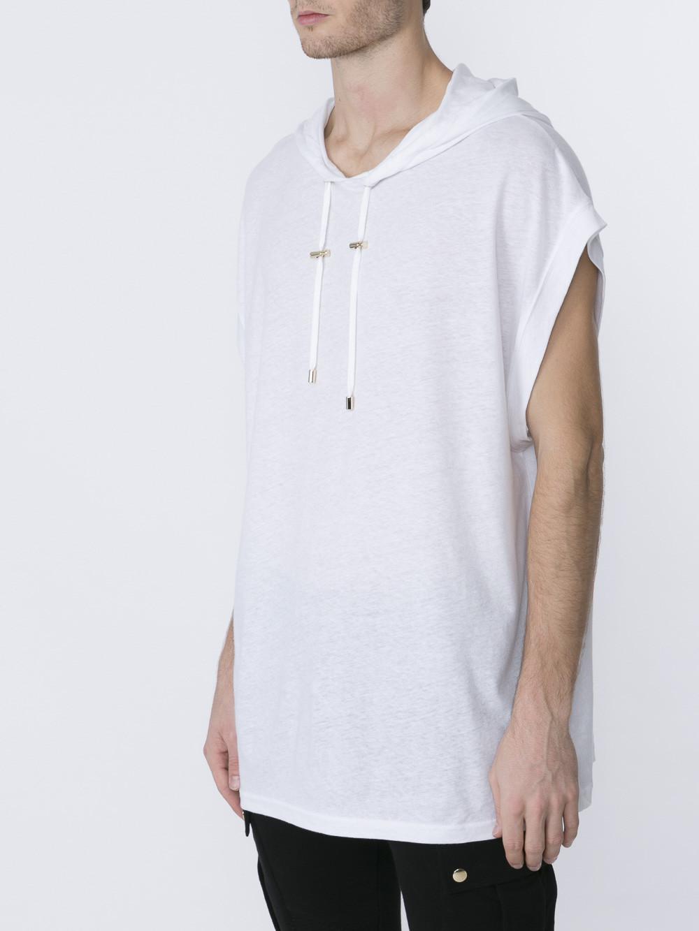 Lyst Balmain Loose Fit Sleeveless Hoodie In White For Men 0564