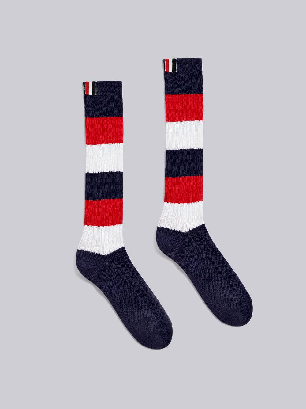 Thom Browne Thick Cotton Over The Calf Rugby Stripe Socks In Blue View Fullscreen