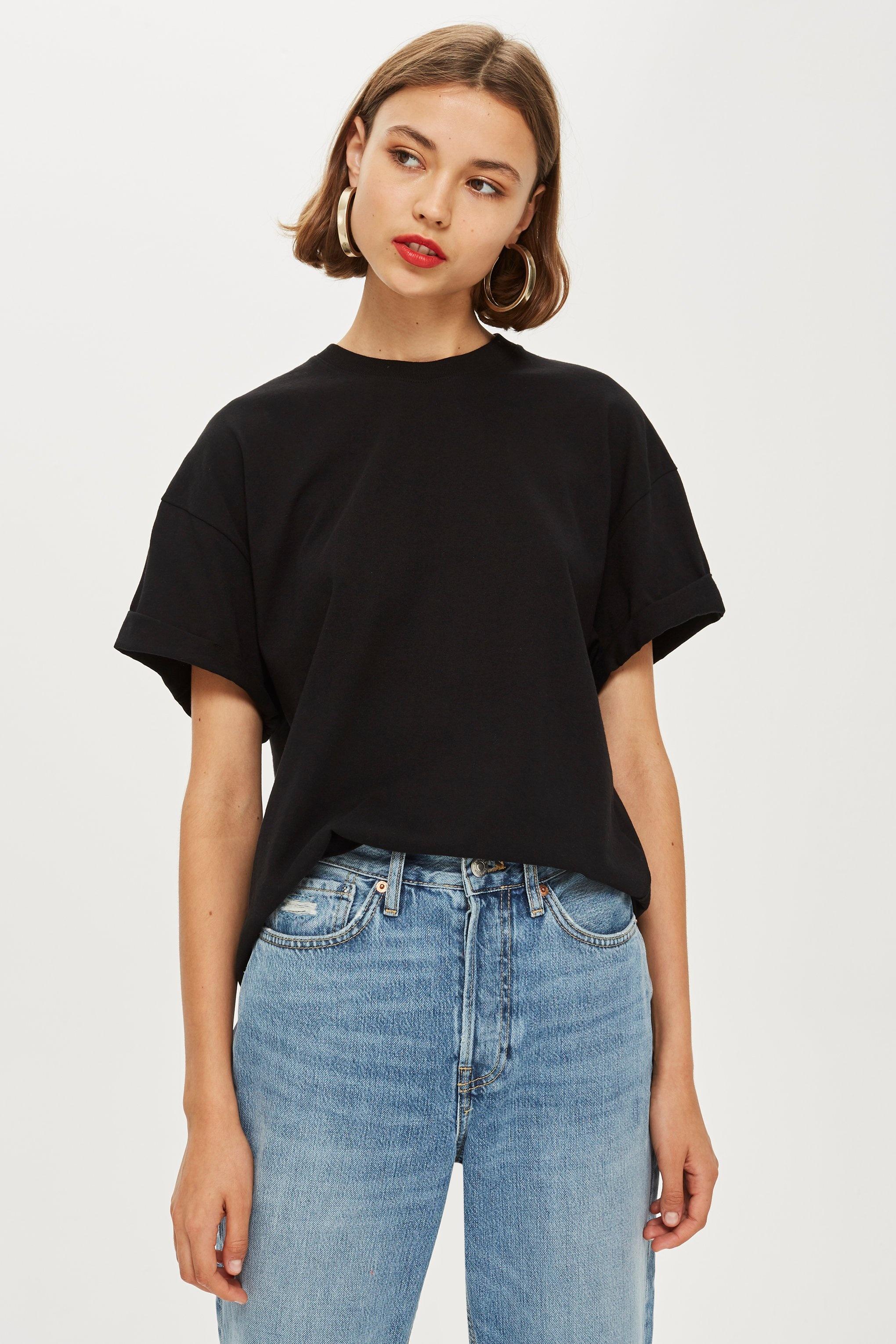 TOPSHOP Boxy Roll Sleeve T-shirt in Black - Lyst