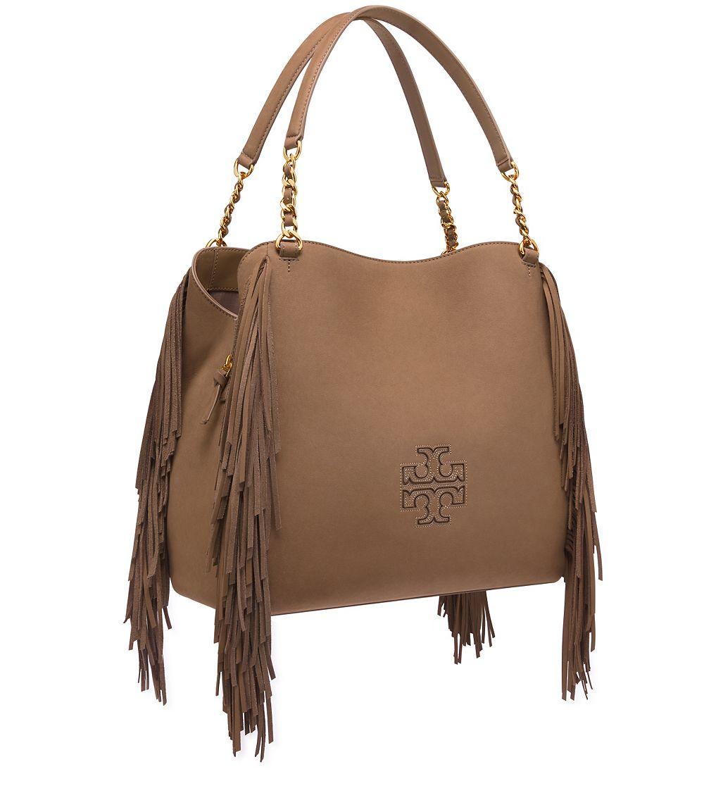 Tory Burch Brown Harper Fringe Center Zip Tote