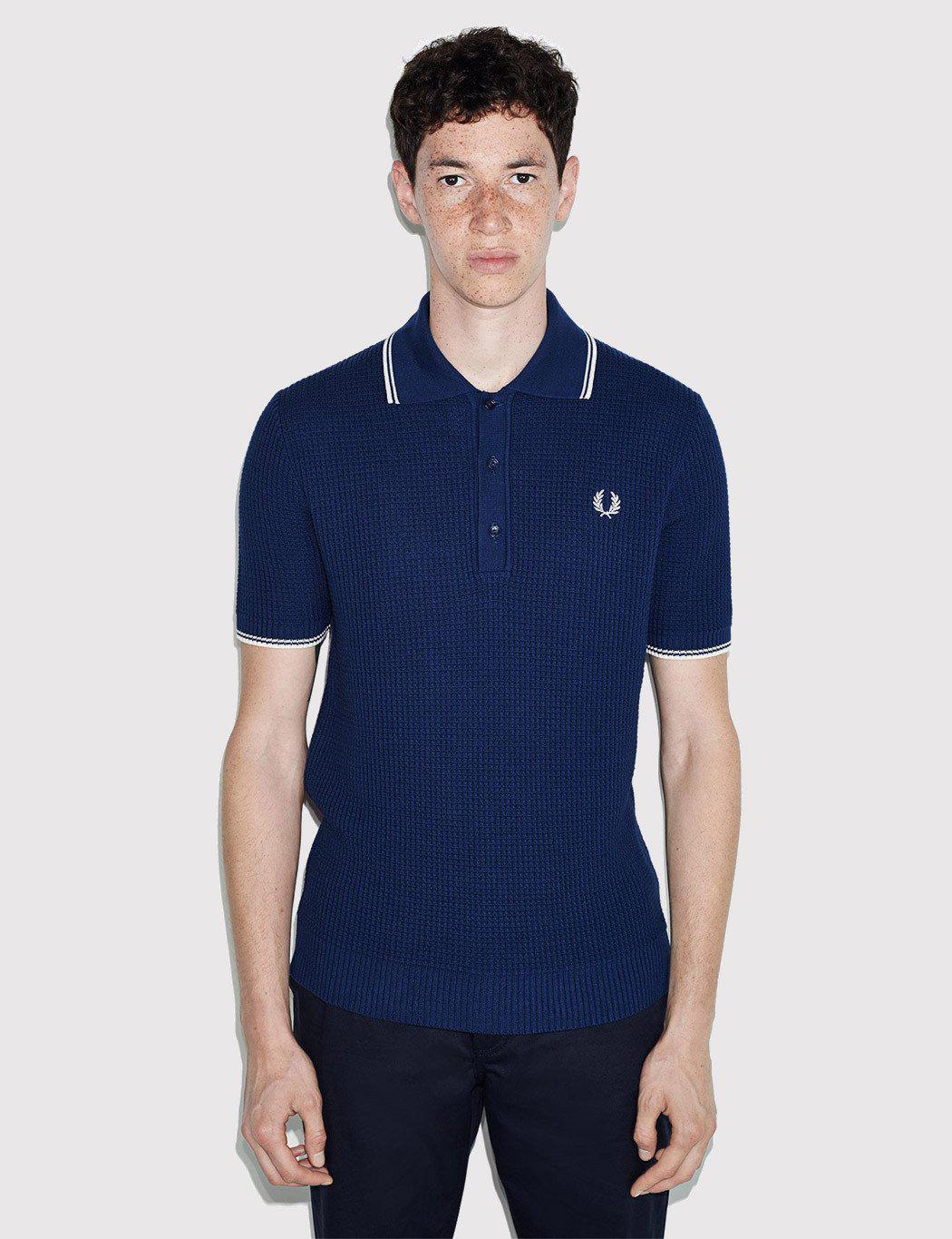 Lyst - Fred Perry Textured Knitted Polo Shirt in Blue for Men