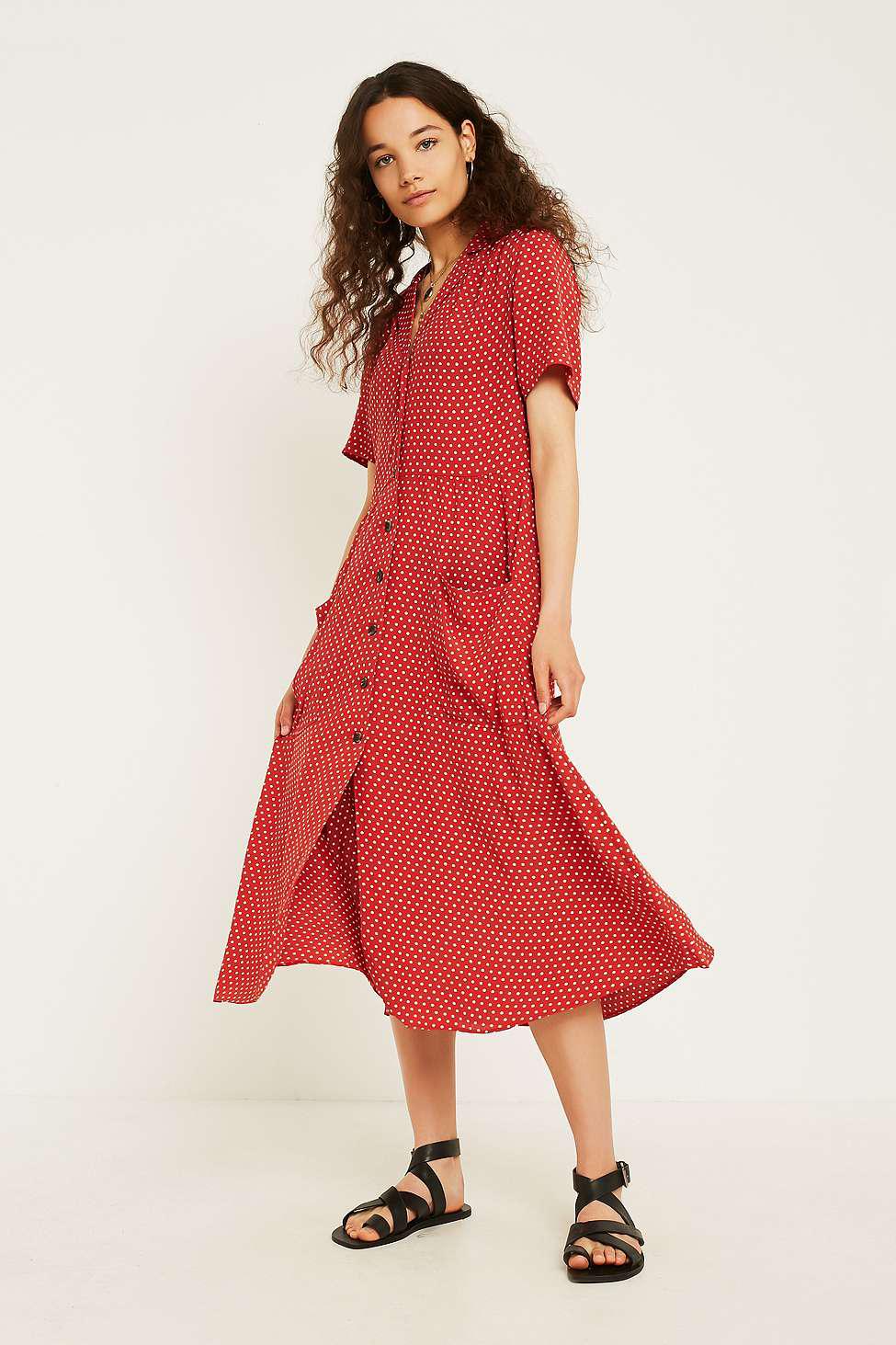  Urban  Outfitters  Uo Pin Dot Midi Shirt  Dress  in Red Lyst