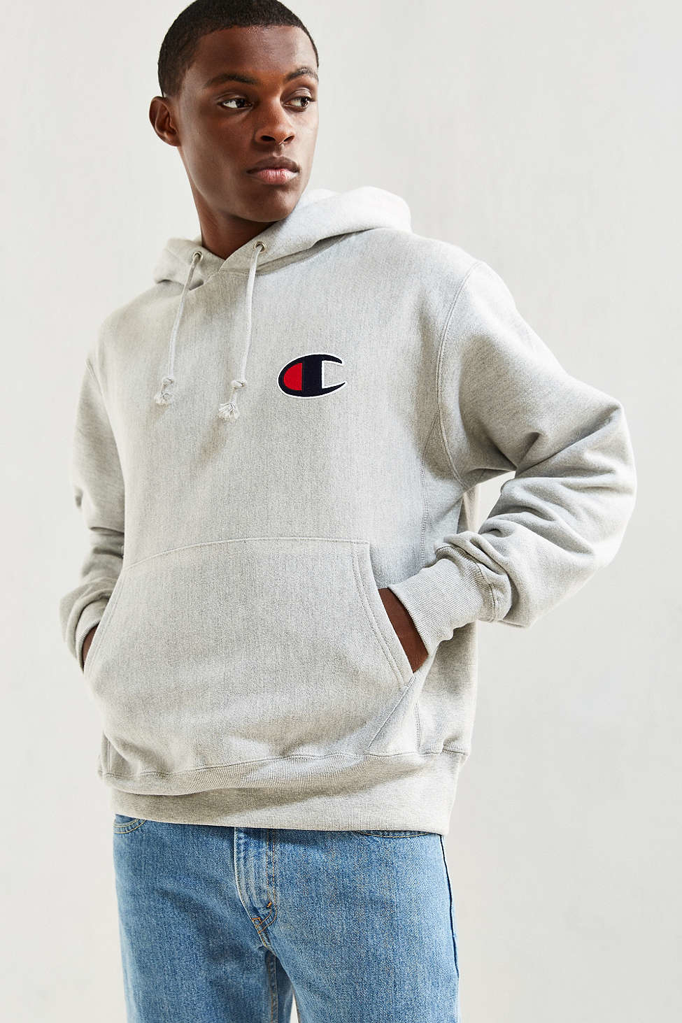 champion hoodie grey big logo