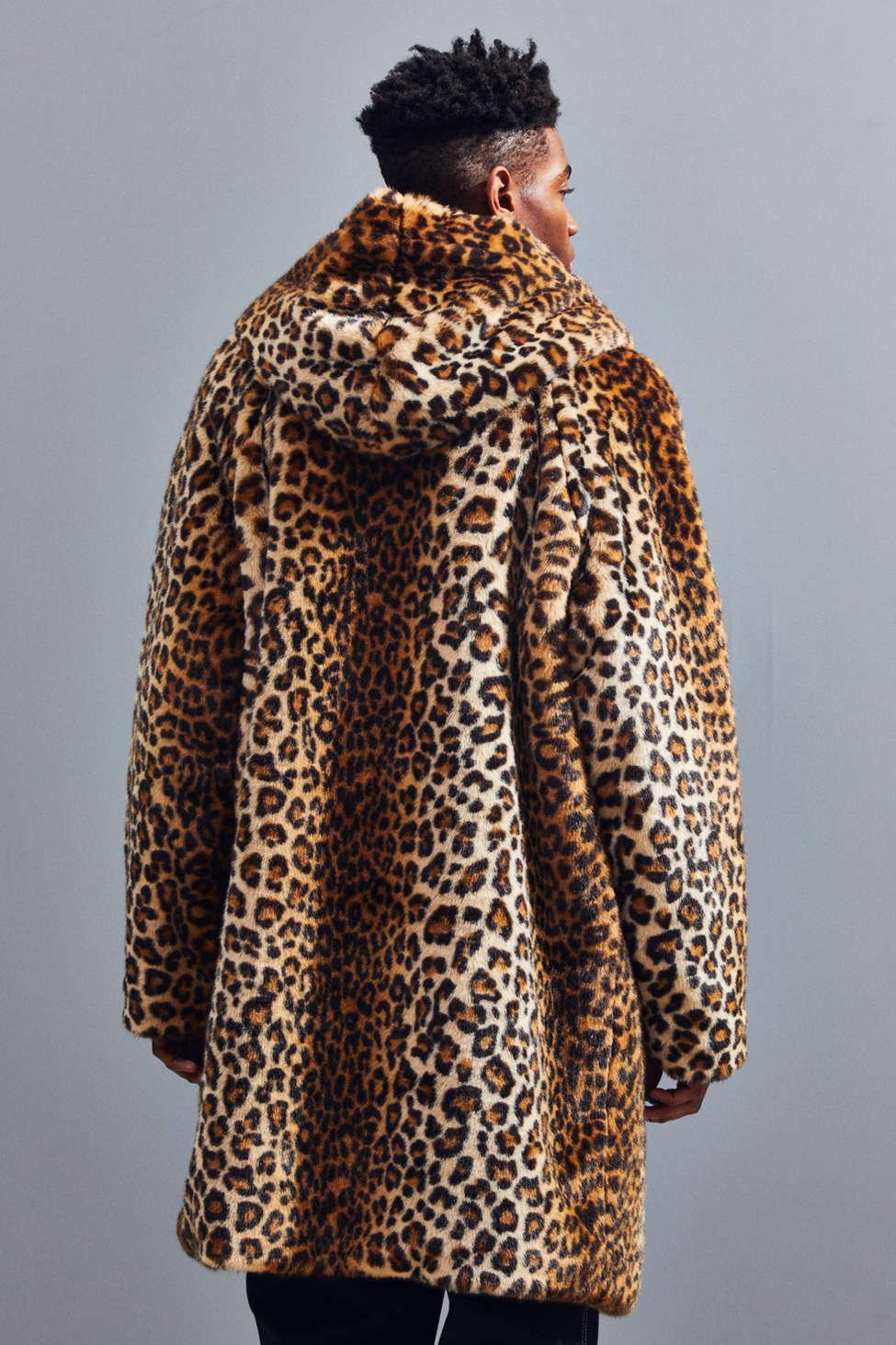 Urban Outfitters Uo Long Hooded Faux Fur Leopard Print Coat in Natural ...