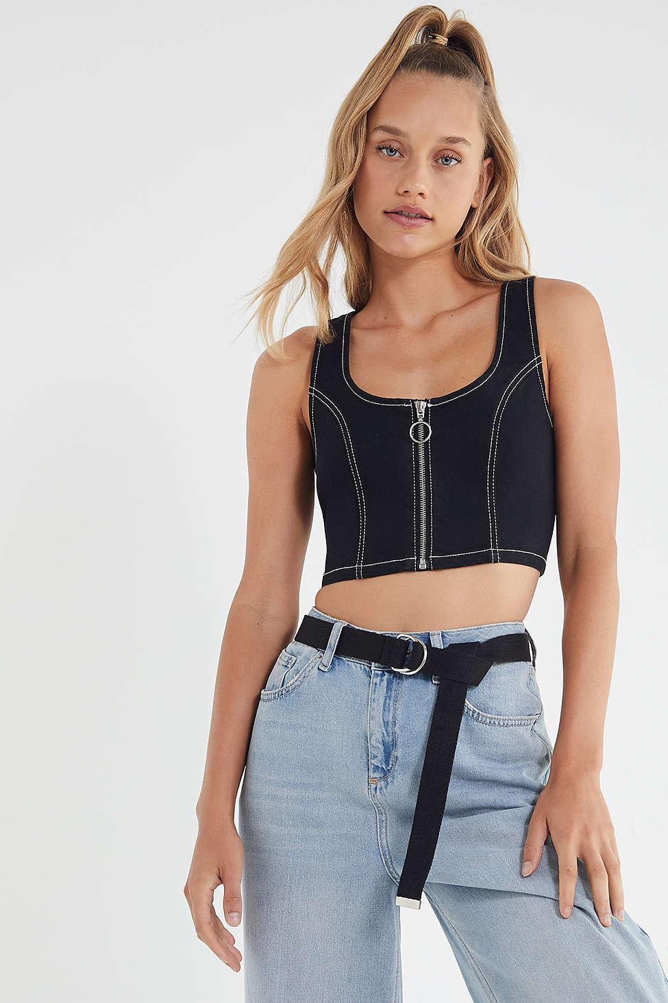 Lyst - Urban Outfitters Uo Sierra Denim Zip-front Cropped Top in Black