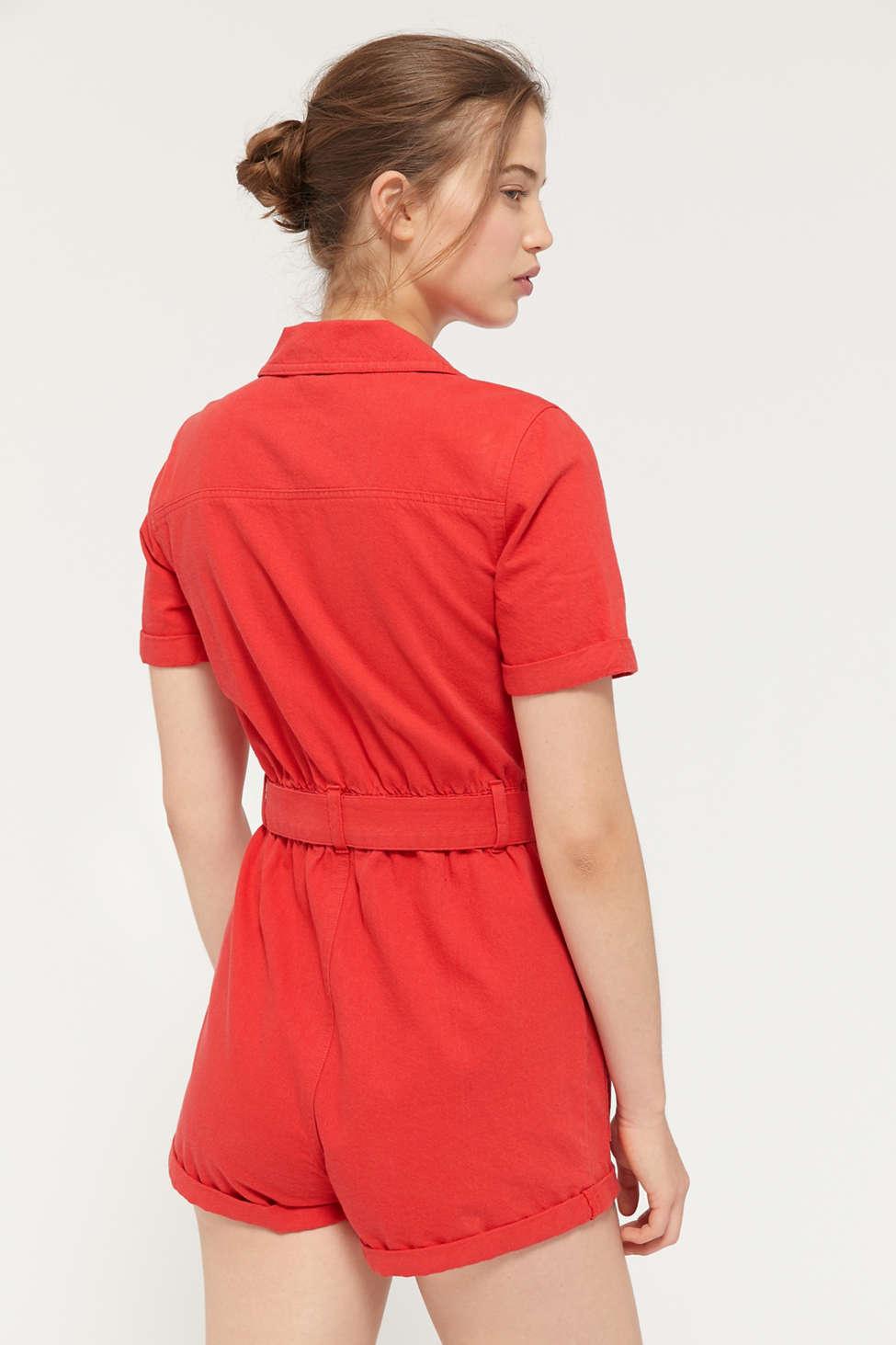 Urban Outfitters Uo Carmen Belted Buttonfront Romper in Red Lyst