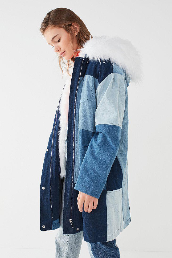Lyst Urban Outfitters Uo Faux Fur Patchwork Denim Parka Jacket In Blue Gallery