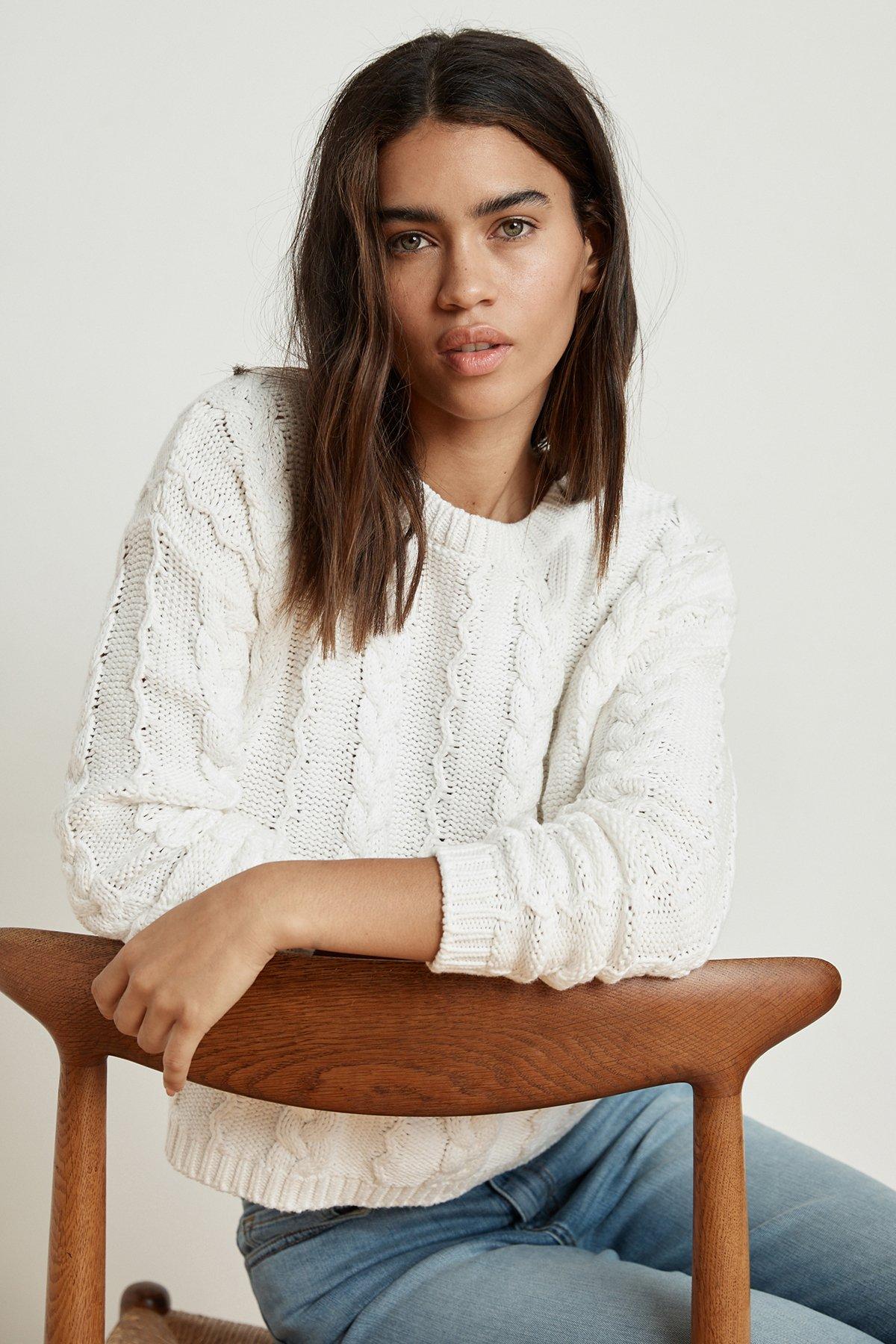 Velvet By Graham & Spencer Arely Cotton Cable Knit Sweater in White Lyst