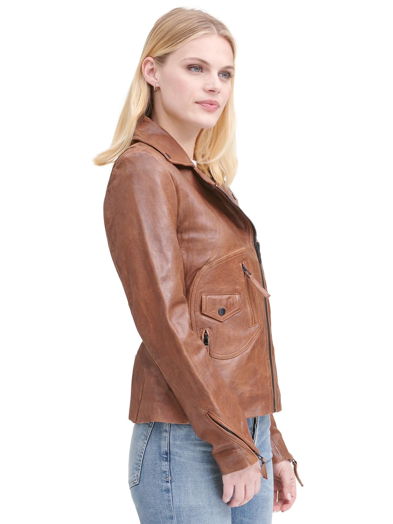 Women S Brown Asymmetrical Lamb Moto Jacket W Shirt Collar