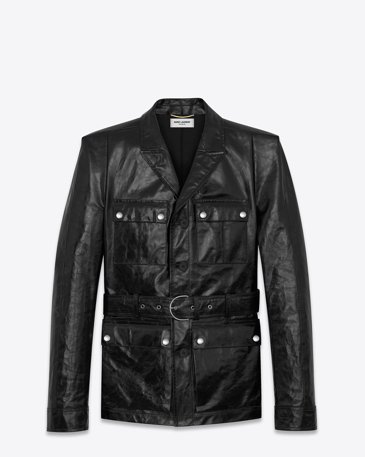 Saint Laurent Safari Jacket With Square-cut Shoulders In Shiny Black ...
