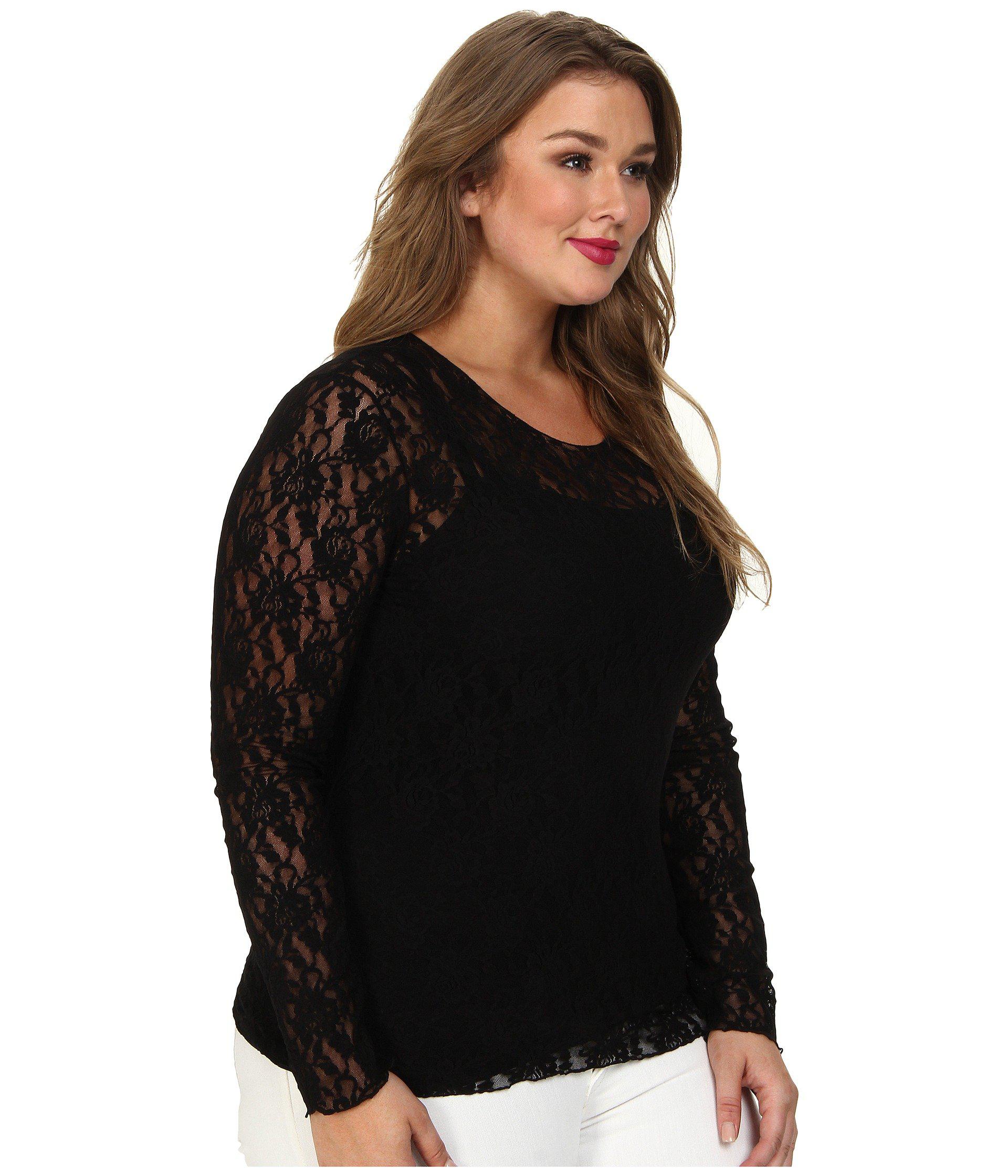 Hanky Panky Plus Size Signature Lace Unlined Long Sleeve Top (black