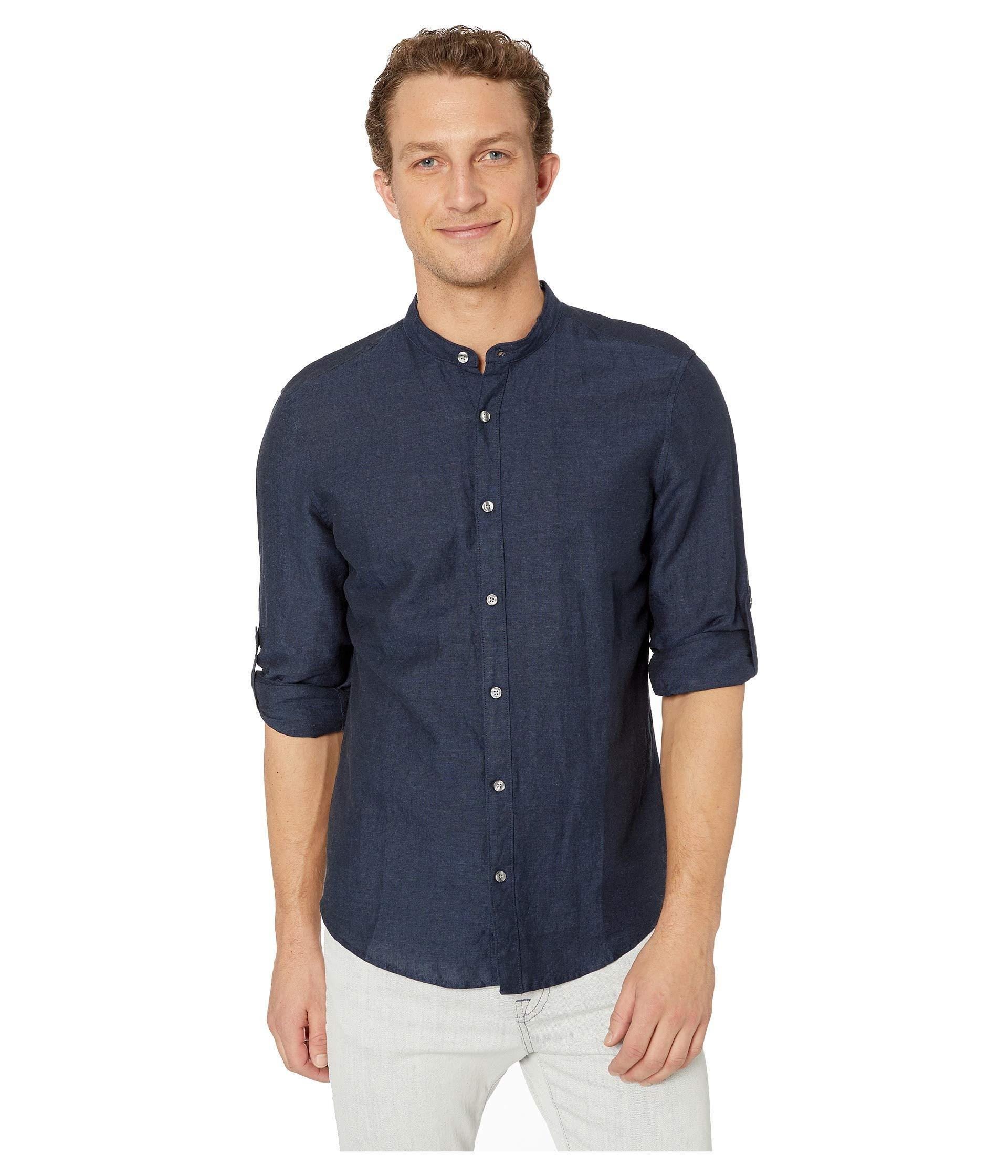 Lyst - Perry Ellis Solid Linen Cotton Rolled Sleeve Banded Collar Shirt ...