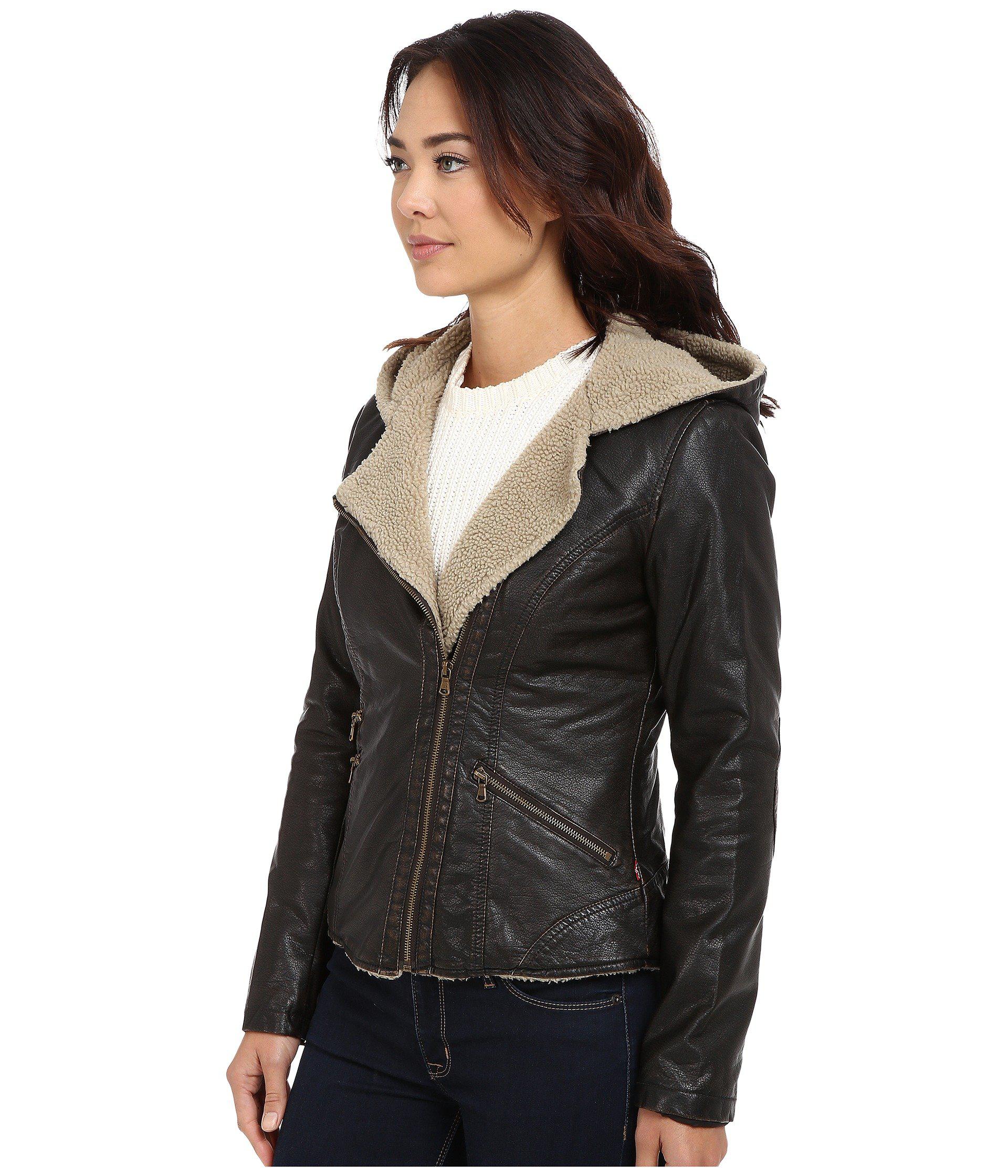 Levi S R Asymmetrical Faux Leather Hooded Moto W