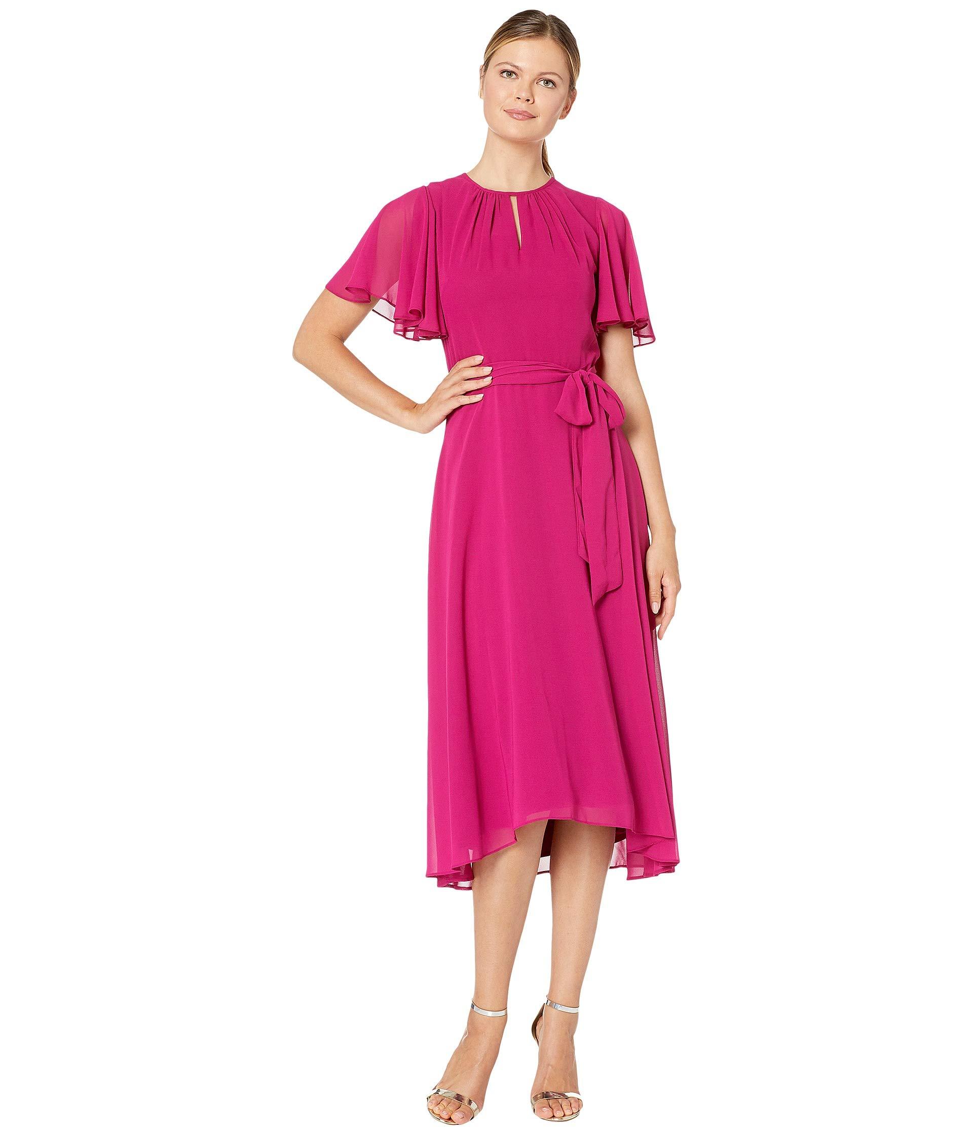 Tahari Solid Chiffon Midi Dress W Flutter Sleeve And Self Side Tie In Pink Lyst 5904