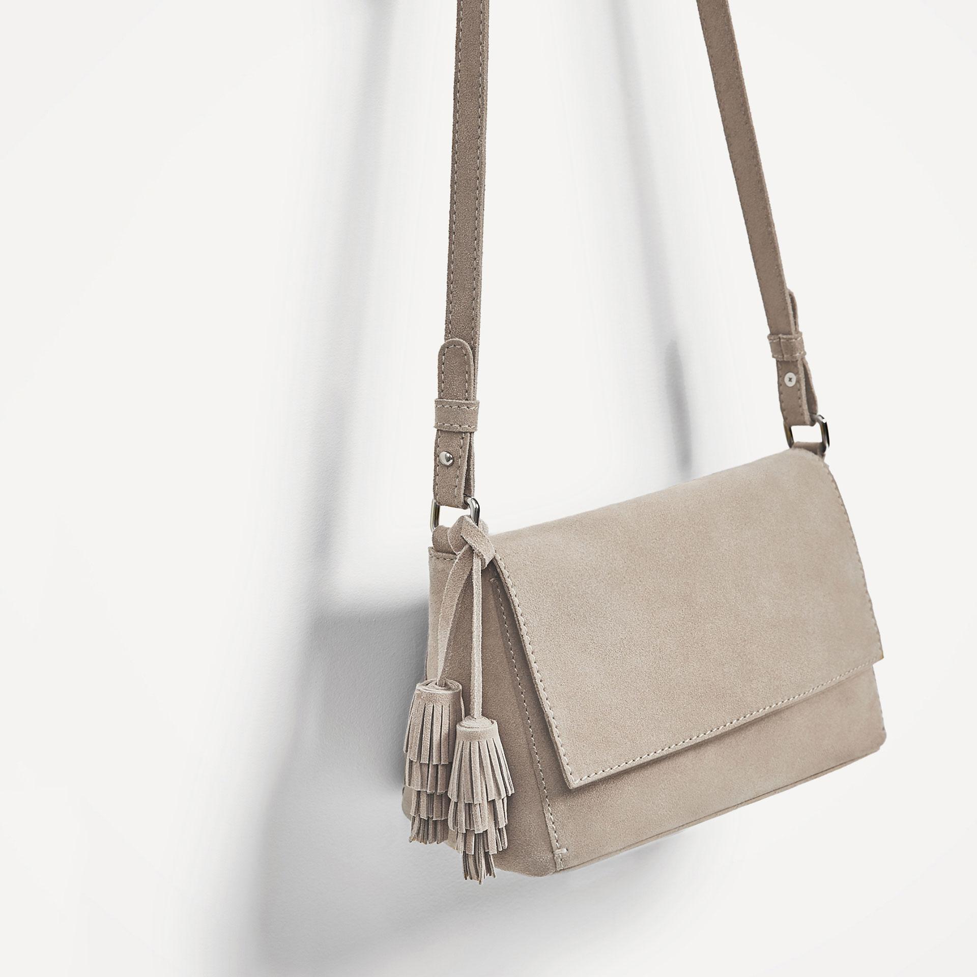 Zara Split Suede Crossbody Bag in Natural | Lyst